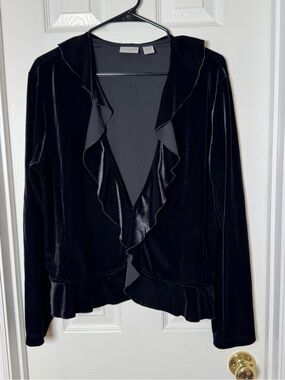Chico's Whimsigoth Black Velvet Ruffled Evening Cardigan Jacket Size 3